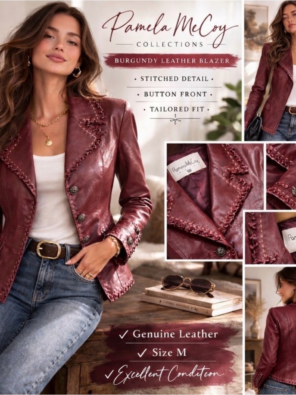 Pamela McCoyCollections  Genuine Leather Burgundy VintageBlazer M